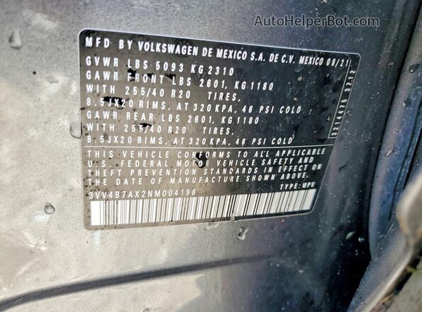 3VV4B7AX2NM004198 2022 VOLKSWAGEN TIGUAN Gray Widok naklejki z numerem VIN
