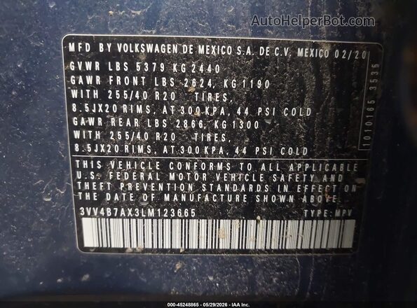 3VV4B7AX3LM123665 2020 VOLKSWAGEN TIGUAN Синий Вид подкапотного пространства