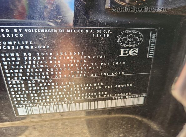 3VV4B7AX4LM080437 2020 VOLKSWAGEN TIGUAN Black 360 interior view