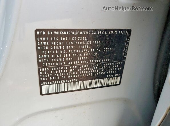 3VV4B7AX6KM026832 2019 VOLKSWAGEN TIGUAN White VIN კოდის სტიკერის ხედი