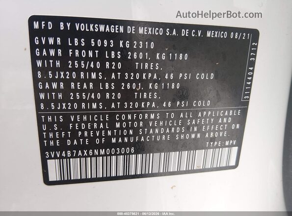 3VV4B7AX6NM003006 2022 VOLKSWAGEN TIGUAN White Շարժիչի բաժամունքի տեսք