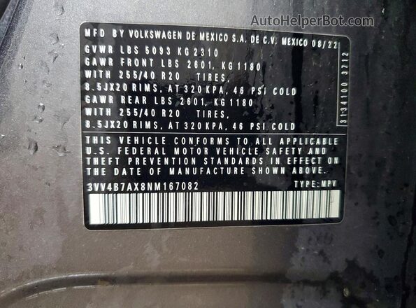 3VV4B7AX8NM167082 2022 VOLKSWAGEN TIGUAN Gray 