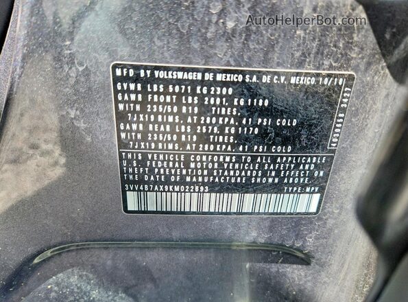 3VV4B7AX9KM022693 2019 VOLKSWAGEN TIGUAN Gray VIN კოდის სტიკერის ხედი