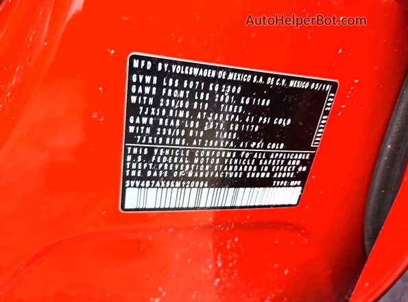 3VV4B7AX9KM120994 2019 VOLKSWAGEN TIGUAN Orange 