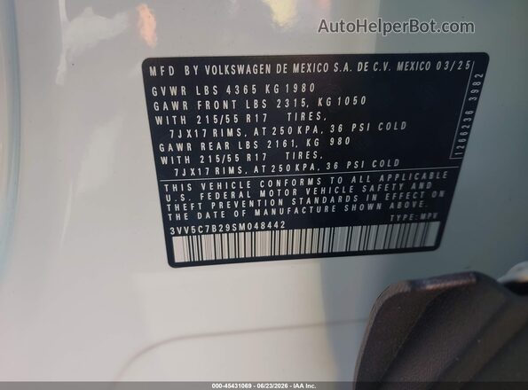 3VV5C7B29SM048442 2025 VOLKSWAGEN TAOS White Շարժիչի բաժամունքի տեսք