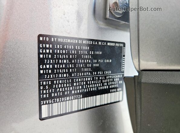 3VV5C7B29SM087726 2025 VOLKSWAGEN TAOS Silver VIN sticker view
