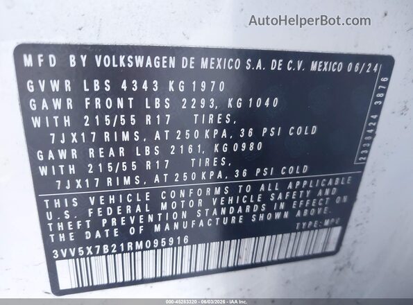 3VV5X7B21RM095916 2024 VOLKSWAGEN TAOS White 