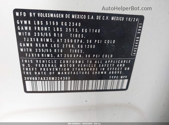 3VV6B7AX2RM224360 2024 VOLKSWAGEN TIGUAN White Շարժիչի բաժամունքի տեսք