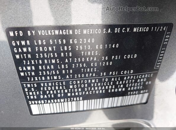 3VV6B7AX9RM227658 2024 VOLKSWAGEN TIGUAN Gray Widok komory silnika