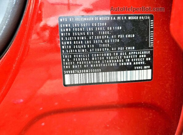 3VV8B7AX0RM200809 2024 VOLKSWAGEN TIGUAN Red ძრავის განყოფილების ხედი