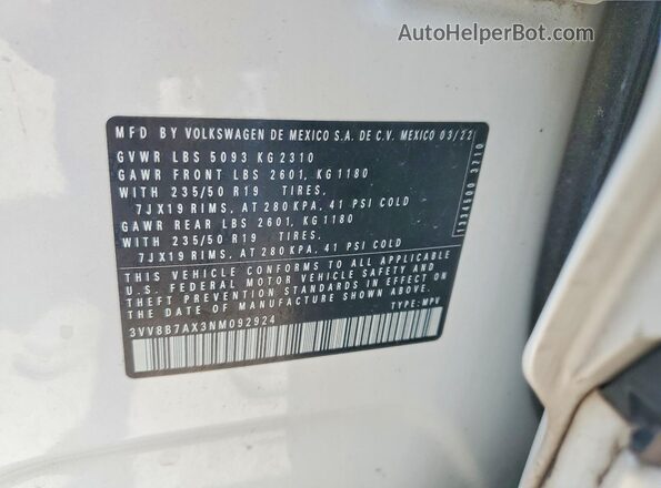 3VV8B7AX3NM092924 2022 VOLKSWAGEN TIGUAN White VIN კოდის სტიკერის ხედი