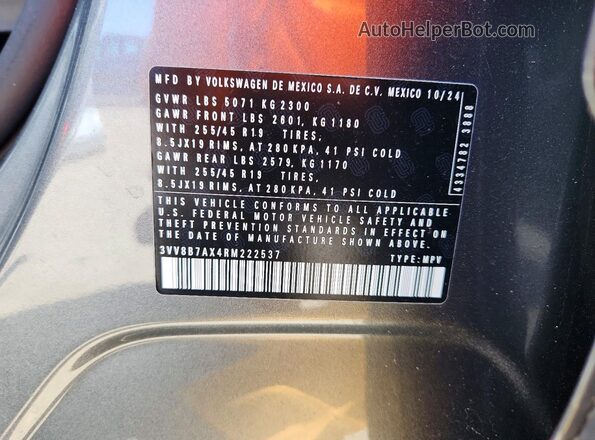 3VV8B7AX4RM222537 2024 VOLKSWAGEN TIGUAN Gray 