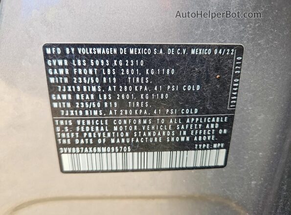 3VV8B7AX6NM095705 2022 VOLKSWAGEN TIGUAN Silver VIN կոդի պիտակի տեսք
