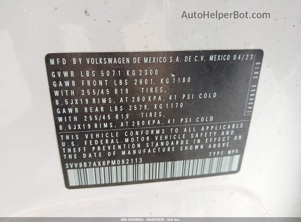3VV8B7AX6PM092113 2023 VOLKSWAGEN TIGUAN White 