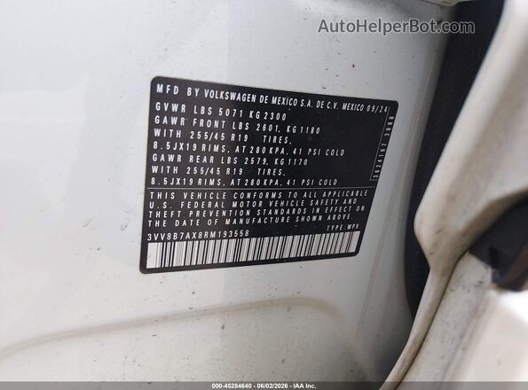3VV8B7AX8RM193558 2024 VOLKSWAGEN TIGUAN White Շարժիչի բաժամունքի տեսք