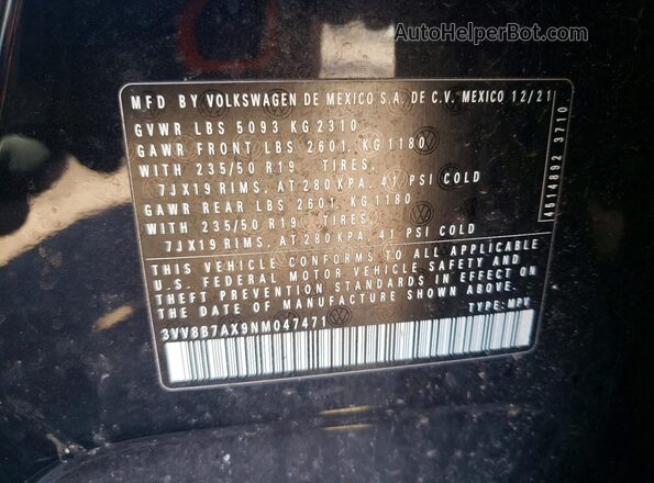3VV8B7AX9NM047471 2022 VOLKSWAGEN TIGUAN Черный Панорамный вид салона 360°