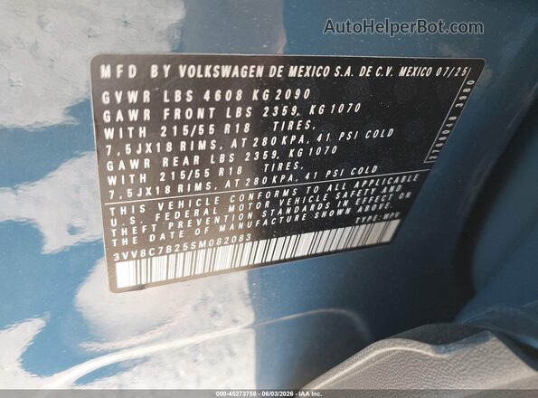 3VV8C7B25SM082083 2025 VOLKSWAGEN TAOS Blue ძრავის განყოფილების ხედი