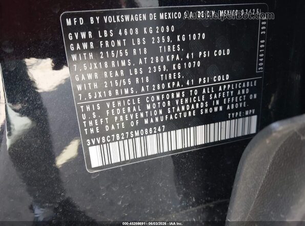 3VV8C7B27SM086247 2025 VOLKSWAGEN TAOS Black ძრავის განყოფილების ხედი