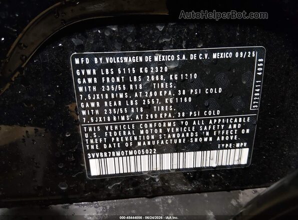 3VVBR7RM0TM005022 2026 VOLKSWAGEN TIGUAN Black Շարժիչի բաժամունքի տեսք