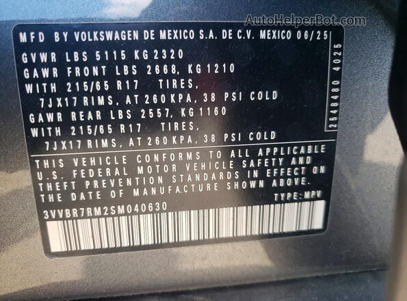 3VVBR7RM2SM040630 2025 VOLKSWAGEN TIGUAN Gray VIN կոդի պիտակի տեսք