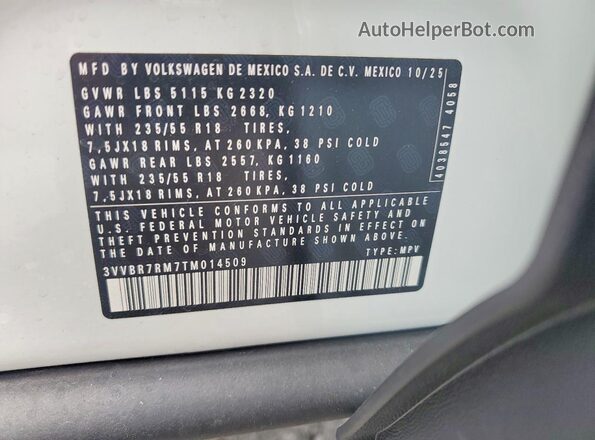 3VVBR7RM7TM014509 2026 VOLKSWAGEN TIGUAN White VIN sticker view