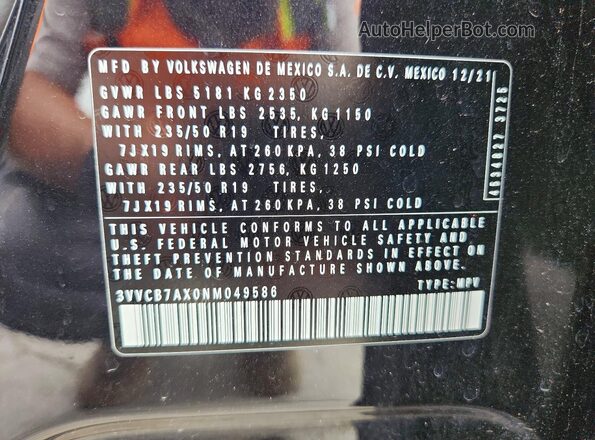 3VVCB7AX0NM049586 2022 VOLKSWAGEN TIGUAN Black Սալոնի 360 աստիճան տեսք
