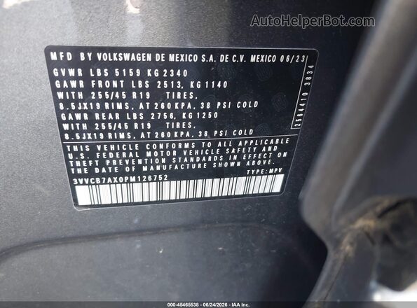 3VVCB7AX0PM126752 2023 VOLKSWAGEN TIGUAN Gray Շարժիչի բաժամունքի տեսք