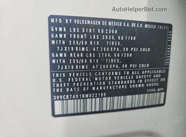 3VVCB7AX1NM022199 2022 VOLKSWAGEN TIGUAN White Вид підкапотного простору