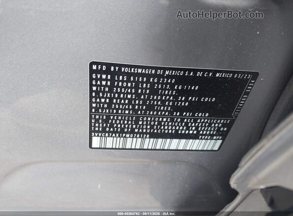 3VVCB7AX1PM078128 2023 VOLKSWAGEN TIGUAN Silver ძრავის განყოფილების ხედი