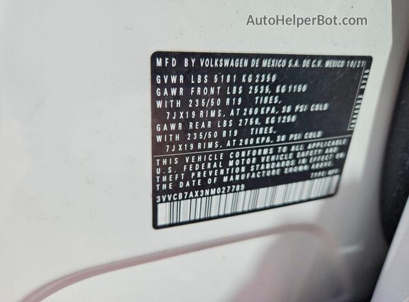 3VVCB7AX3NM027789 2022 VOLKSWAGEN TIGUAN White 