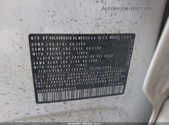 3VVCB7AX3NM059173 2022 VOLKSWAGEN TIGUAN White Engine compartment view