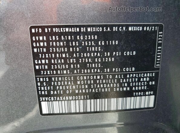 3VVCB7AX4NM003811 2022 VOLKSWAGEN TIGUAN Gray 