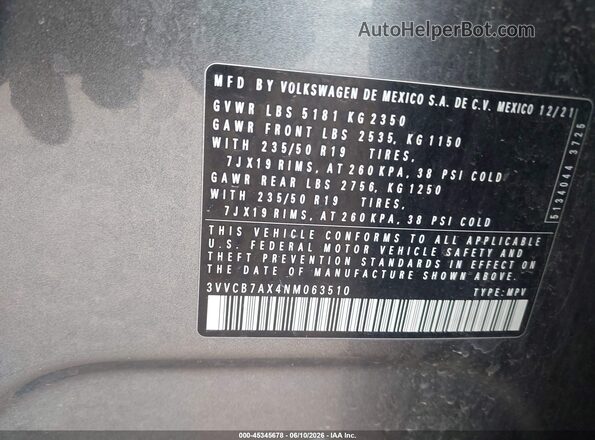 3VVCB7AX4NM063510 2022 VOLKSWAGEN TIGUAN Gray Շարժիչի բաժամունքի տեսք