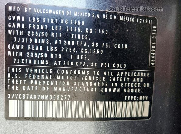 3VVCB7AX7NM053277 2022 VOLKSWAGEN TIGUAN Угольный 