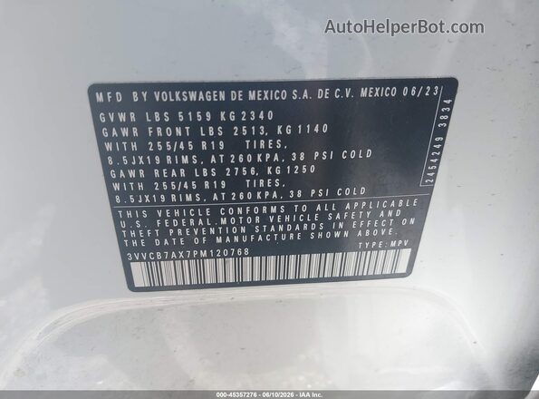 3VVCB7AX7PM120768 2023 VOLKSWAGEN TIGUAN Белый Вид подкапотного пространства
