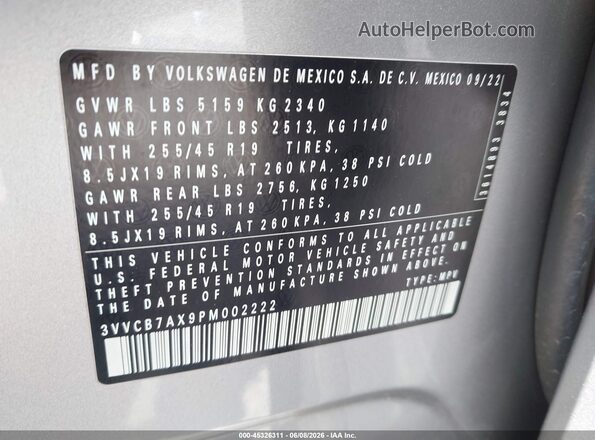 3VVCB7AX9PM002222 2023 VOLKSWAGEN TIGUAN Серебряный 