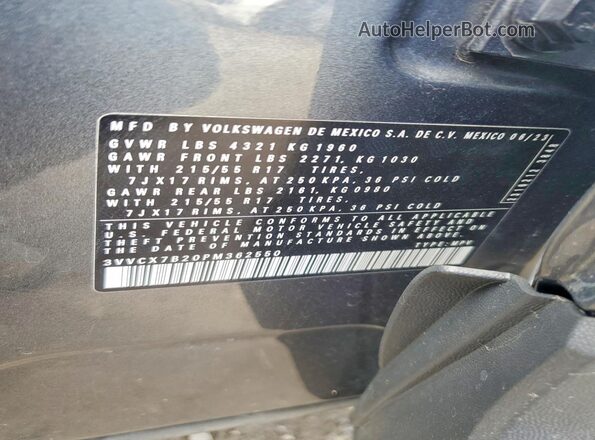 3VVCX7B20PM362550 2023 VOLKSWAGEN TAOS Charcoal Widok naklejki z numerem VIN