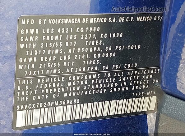 3VVCX7B20PM369885 2023 VOLKSWAGEN TAOS Blue Շարժիչի բաժամունքի տեսք