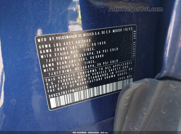3VVCX7B21PM322378 2023 VOLKSWAGEN TAOS Blue Vista de la etiqueta del VIN