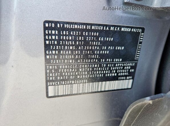 3VVCX7B29PM369495 2023 VOLKSWAGEN TAOS Silver VIN sticker view