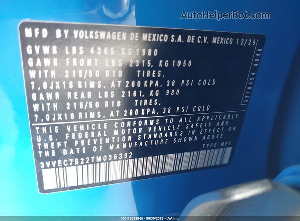 3VVEC7B22TM036392 2026 VOLKSWAGEN TAOS Blue Widok komory silnika