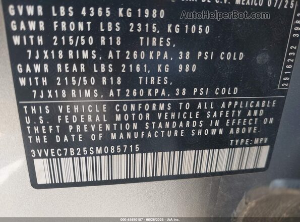 3VVEC7B25SM085715 2025 VOLKSWAGEN TAOS Silver Vista del compartimento del motor