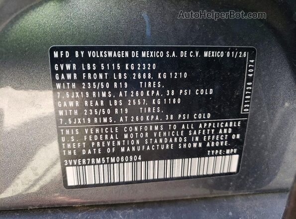 3VVER7RM5TM060904 2026 VOLKSWAGEN TIGUAN Gray Vista de la etiqueta del VIN