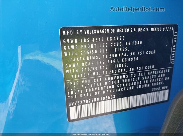 3VVEX7B22RM106583 2024 VOLKSWAGEN TAOS Blue Vista del compartimento del motor