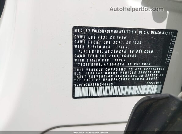 3VVEX7B26PM346779 2023 VOLKSWAGEN TAOS Белый Вид подкапотного пространства