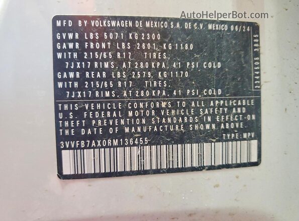 3VVFB7AX0RM136455 2024 VOLKSWAGEN TIGUAN White 