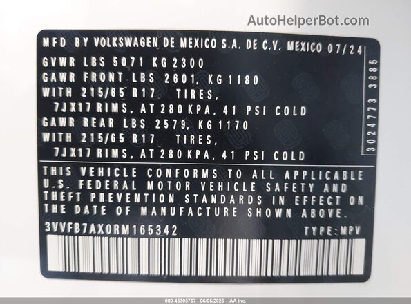 3VVFB7AX0RM165342 2024 VOLKSWAGEN TIGUAN White Շարժիչի բաժամունքի տեսք