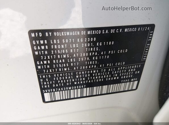 3VVFB7AX3RM089647 2024 VOLKSWAGEN TIGUAN White Շարժիչի բաժամունքի տեսք