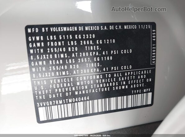 3VVGR7RM1TM040464 2026 VOLKSWAGEN TIGUAN White ძრავის განყოფილების ხედი