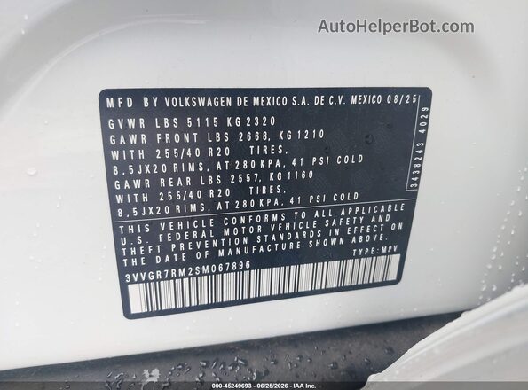 3VVGR7RM2SM067896 2025 VOLKSWAGEN TIGUAN White ძრავის განყოფილების ხედი